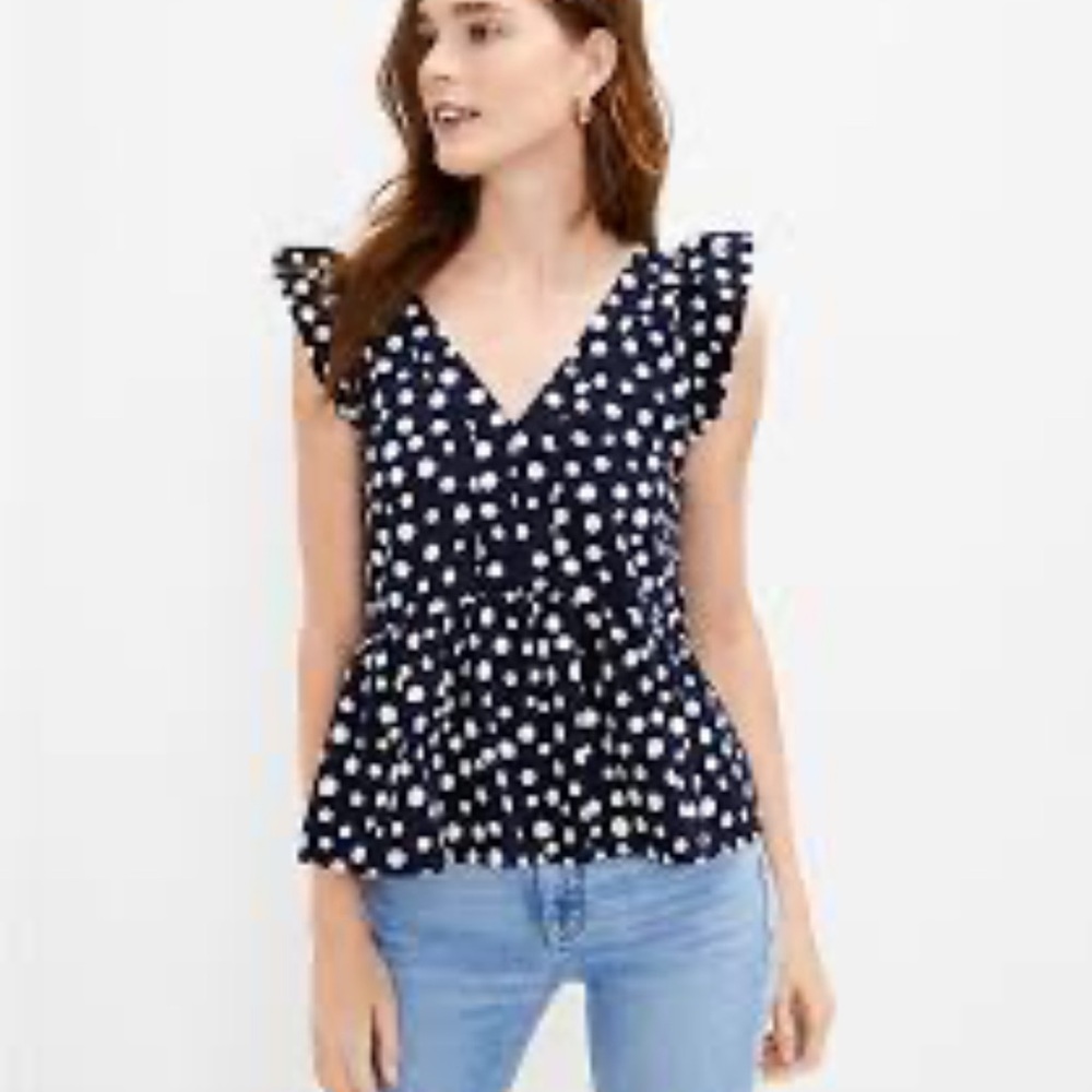 LOFT Navy and White Ruffle Sleeveless peplum